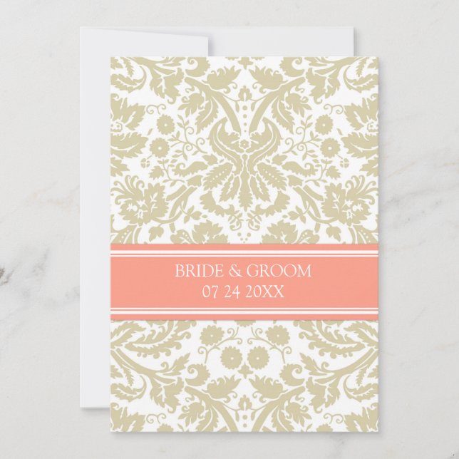 Wedding Invitations Taupe Coral Damask Pattern (Front)
