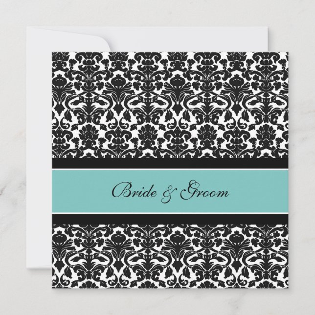 Wedding Invitations Teal Black White Damask (Front)