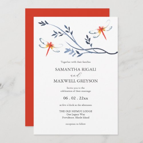 Wedding Invitations Watercolor Red Dragonfly
