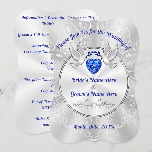 Wedding Invitations with Love Birds, Blue Heart (Front/Back)