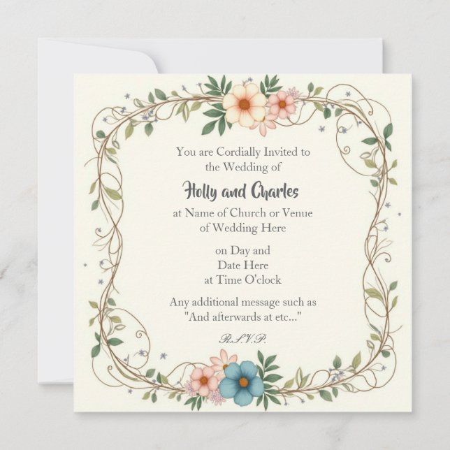 Wedding Invitations with Pretty Border of Flowers (Back)