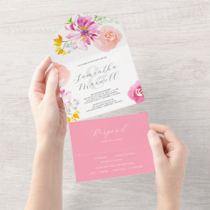Wedding Invitations with RSVP Card Pink Flowers