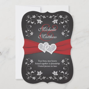 Wedding Invite 2 Black Red Silver, Floral, Hearts