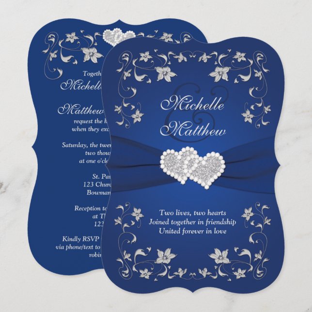 Wedding Invite 2 Royal Blue Silver, Floral, Hearts (Front/Back)