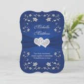 Wedding Invite 2 Royal Blue Silver, Floral, Hearts (Standing Front)