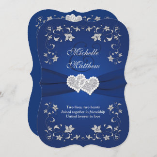 Wedding Invite 2 Royal Blue Silver, Floral, Hearts