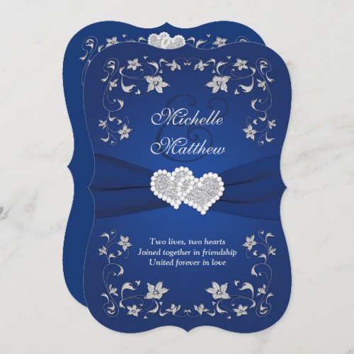 Wedding Invite 2 Royal Blue Silver Floral Hearts