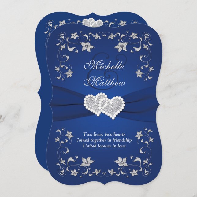 Wedding Invite 2 Royal Blue Silver, Floral, Hearts (Front/Back)