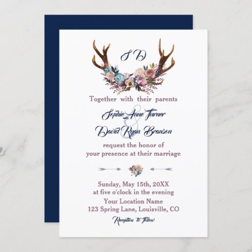 Wedding Invite  Antlers Dusty Blue Pink Floral