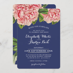 WEDDING INVITE blush pink floral peony flower navy