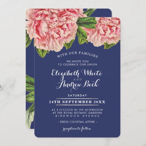 WEDDING INVITE blush pink floral peony flower navy