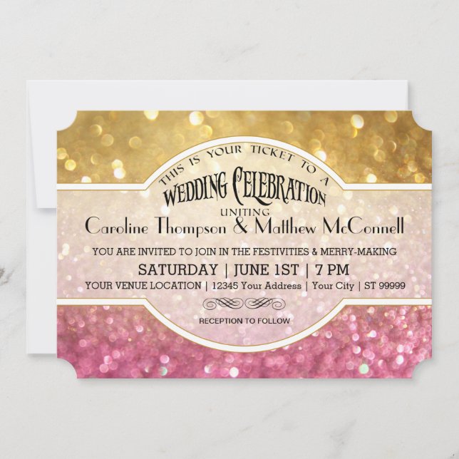 Wedding Invite Bokeh Movie Ticket Style Gold Pink (Front)