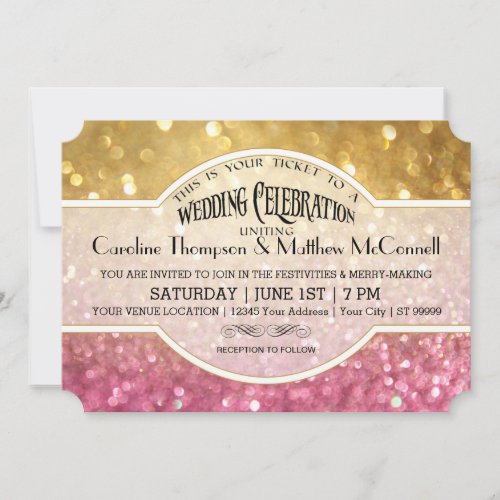 Wedding Invite Bokeh Movie Ticket Style Gold Pink