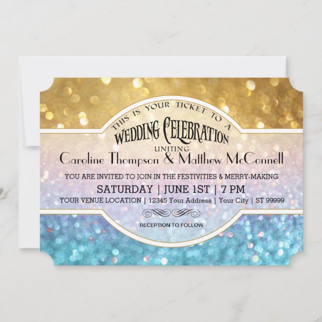 Wedding Invite Bokeh Movie Ticket Style Gold Pink (Front)