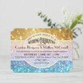 Wedding Invite Bokeh Movie Ticket Style Gold Pink (Standing Front)