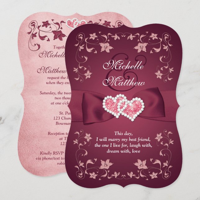 Wedding Invite | Burgundy, Blush Floral, Hearts (Front/Back)