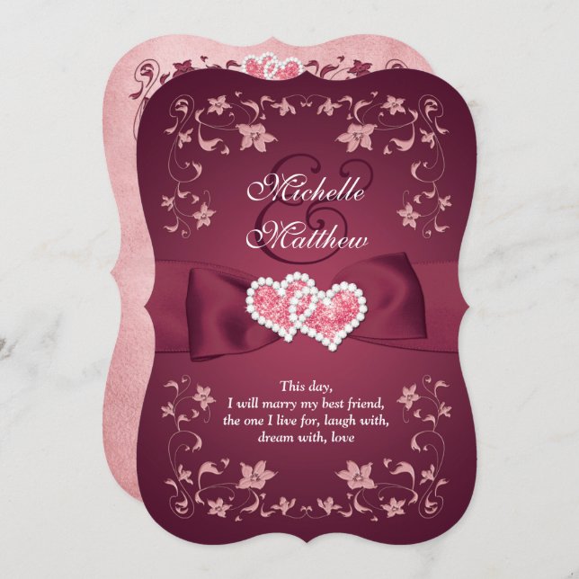 Wedding Invite | Burgundy, Blush Floral, Hearts (Front/Back)