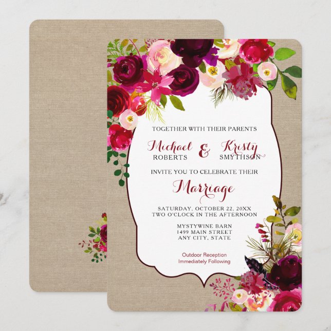Wedding Invite, burgundy floral rustic 3979 Invitation (Front/Back)