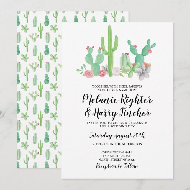 Wedding Invite Cactus Watercolor Floral Invite (Front/Back)