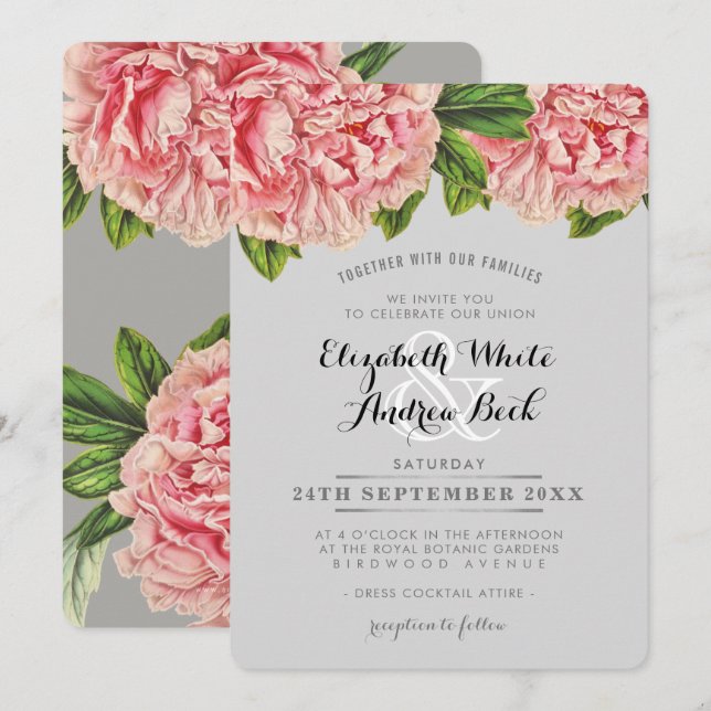 WEDDING INVITE chic blush pink floral peony flower (Front/Back)
