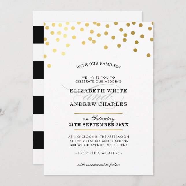 WEDDING INVITE chic modern gold confetti spots (Front/Back)