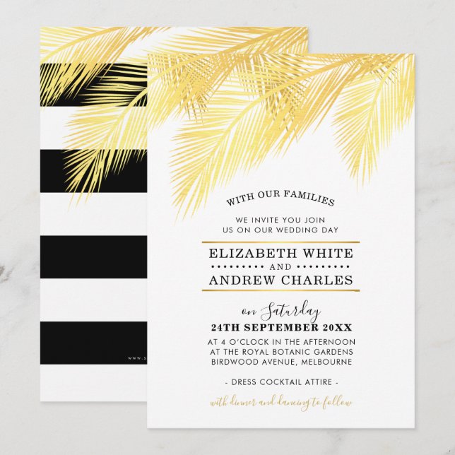 WEDDING INVITE chic modern gold palm fronds leaves (Front/Back)