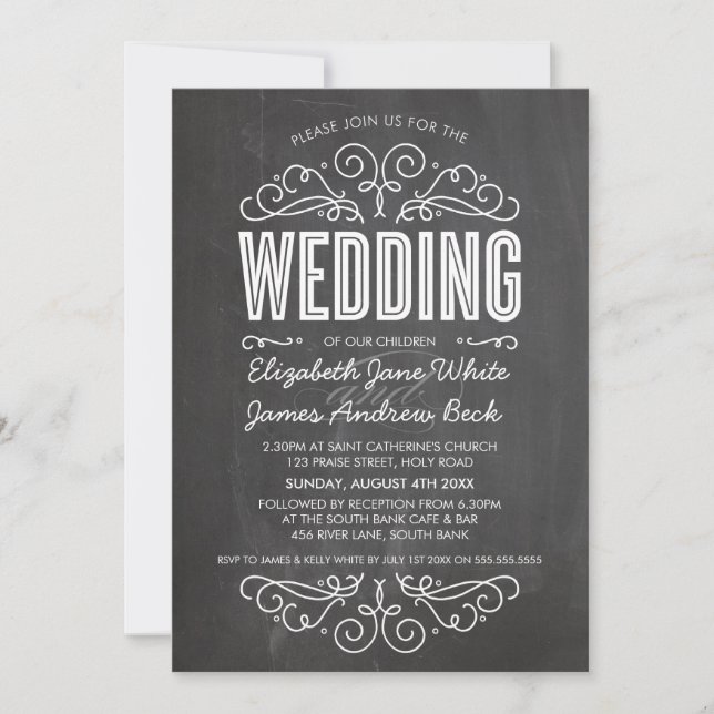 WEDDING INVITE elegant flourish chalkboard gray (Front)