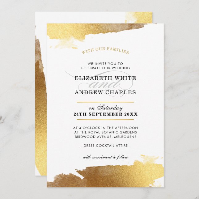 WEDDING INVITE modern luxe gold gilded edges (Front/Back)