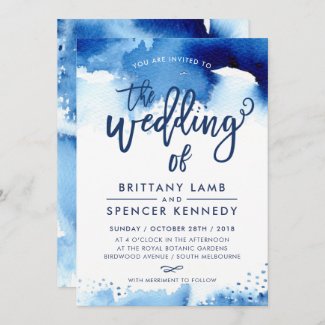 Royal Blue and White Wedding Invitations Watercolor