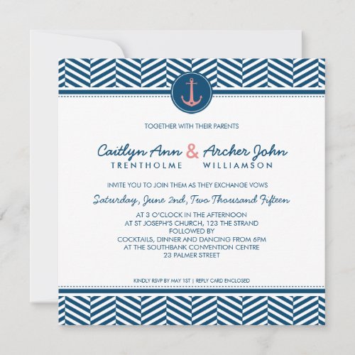WEDDING INVITE nautical anchor heart navy coral