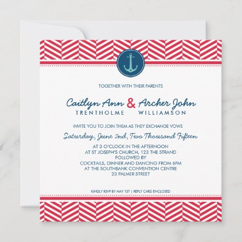 WEDDING INVITE nautical anchor heart navy red aqua