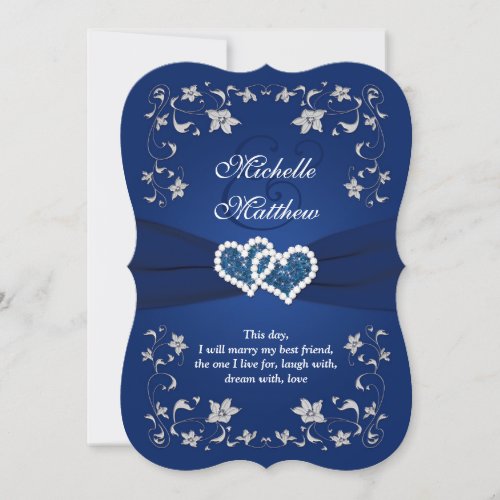 Wedding Invite  Navy Silver Floral Hearts