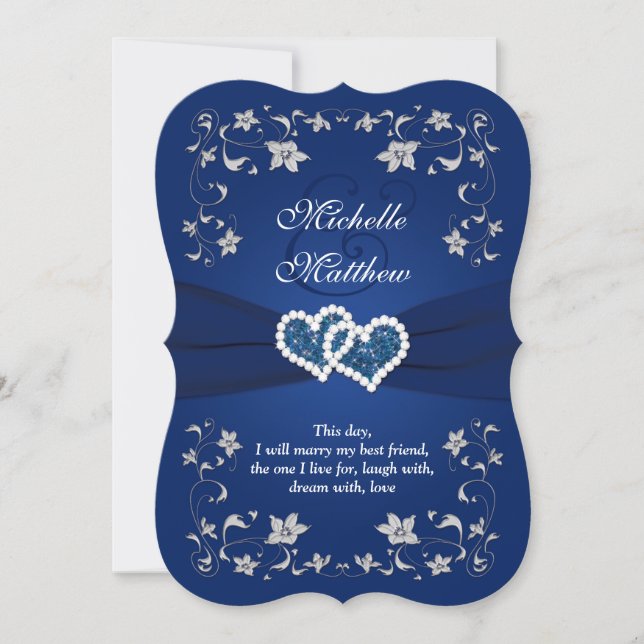 Wedding Invite | Navy, Silver, Floral, Hearts (Front)