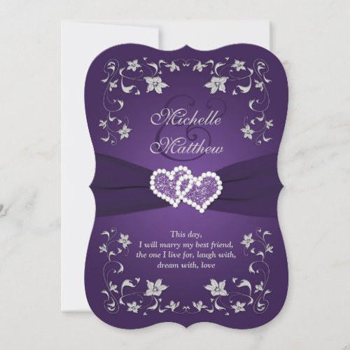 Wedding Invite  Purple Silver Floral Hearts