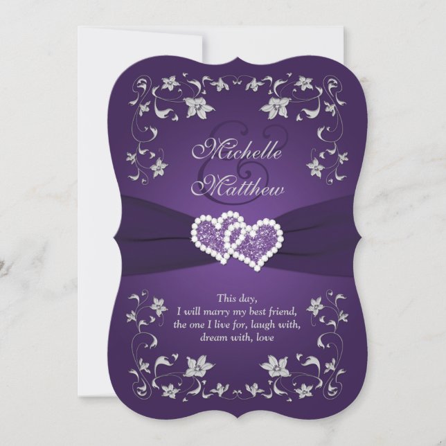 Wedding Invite | Purple, Silver, Floral, Hearts (Front)