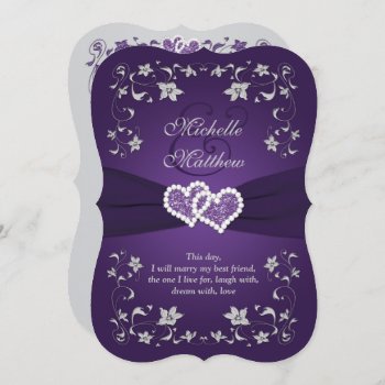 Wedding Invite | Purple  Silver  Floral  Hearts 2 by NiteOwlStudio at Zazzle