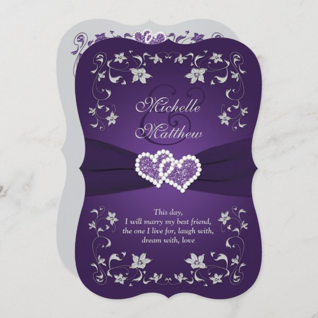 Wedding Invite | Purple, Silver, Floral, Hearts 2 (Front/Back)