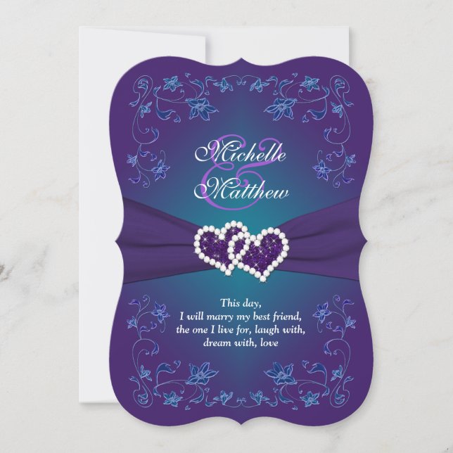 Wedding Invite | Purple, Teal, Floral, Hearts (Front)
