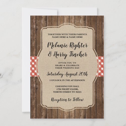 Wedding Invite Red Gingham BBQ Burlap