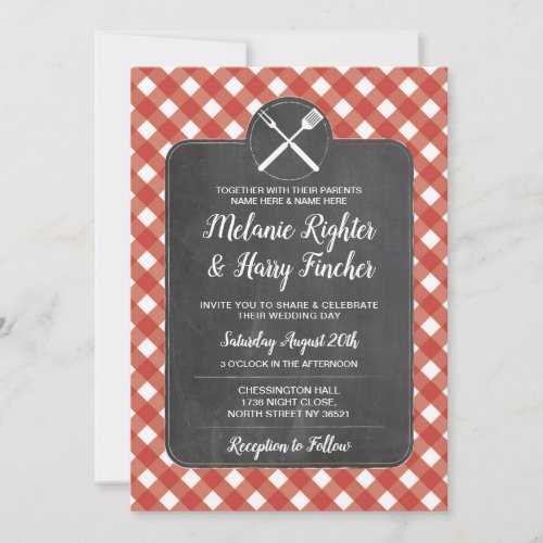 Wedding Invite Red Gingham BBQ Chalk