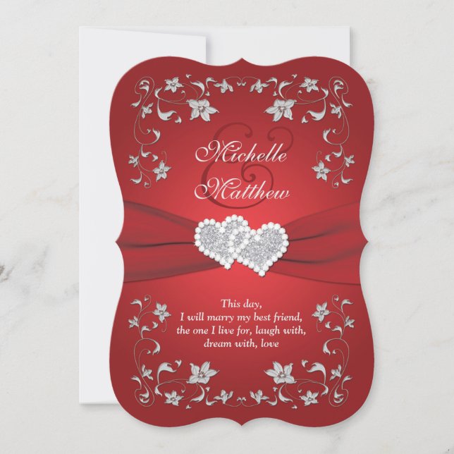 Wedding Invite | Red, Silver, Floral, Hearts (Front)