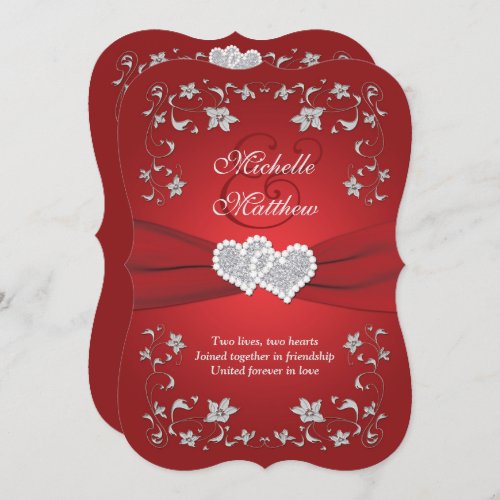 Wedding Invite  Red Silver Floral Hearts 2