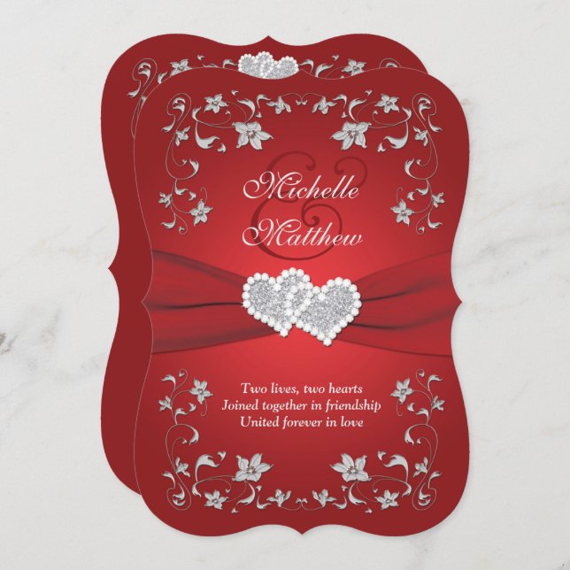 Wedding Invite | Red, Silver, Floral, Hearts 2 (Front/Back)