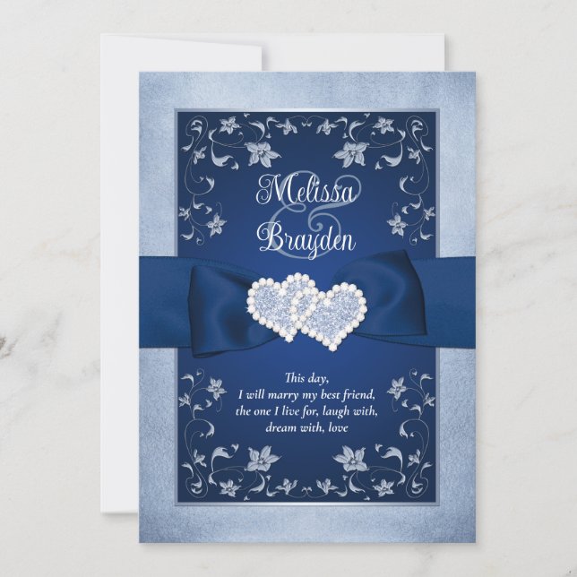 Wedding Invite | Royal Blue, Dusty Blue, Hearts (Front)