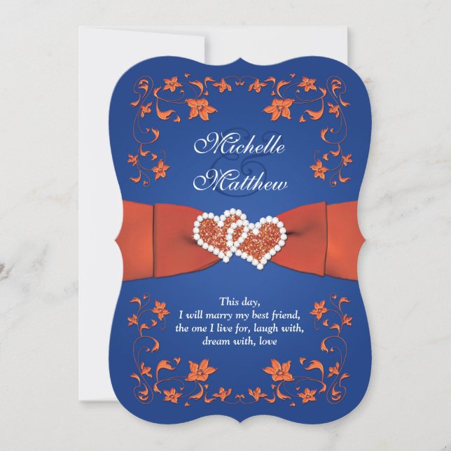Wedding Invite | Royal Blue Orange, Floral, Hearts (Front)