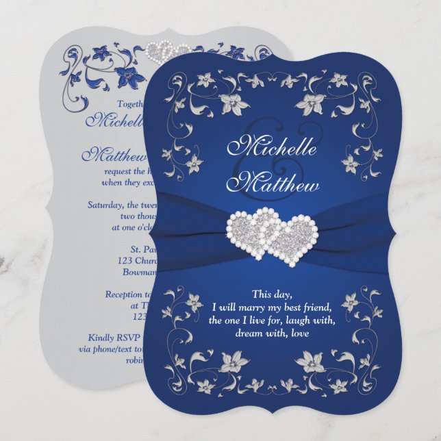 Wedding Invite | Royal Blue Silver, Floral, Hearts (Front/Back)