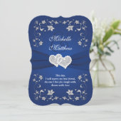 Wedding Invite | Royal Blue Silver, Floral, Hearts (Standing Front)