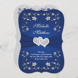 Wedding Invite   Royal Blue Silver, Floral, Hearts