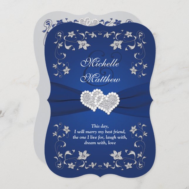 Wedding Invite | Royal Blue Silver, Floral, Hearts (Front/Back)