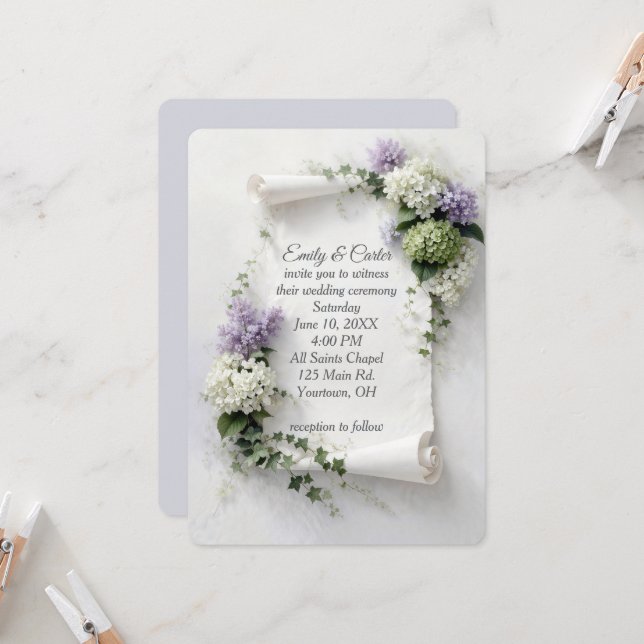 Wedding Invite Scroll with Lilacs and Hydrangeas  (Front/Back In Situ)